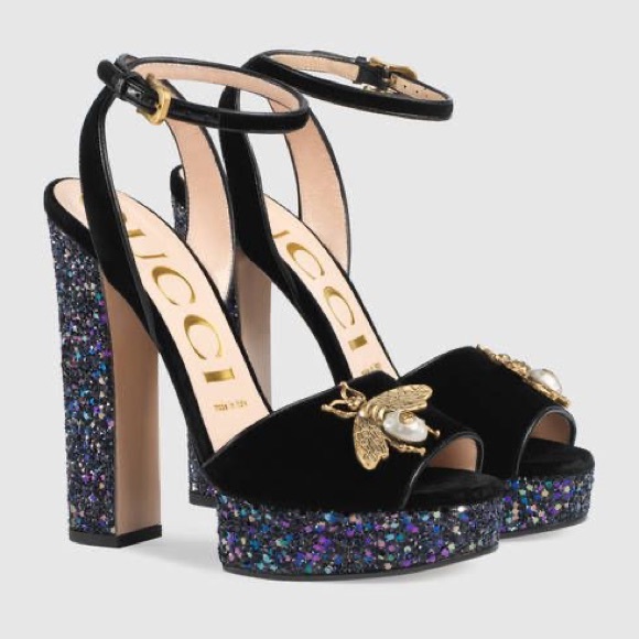 Gucci Shoes - GUCCI Velvet Soko Bee Sparkle Sandal Heels 36
